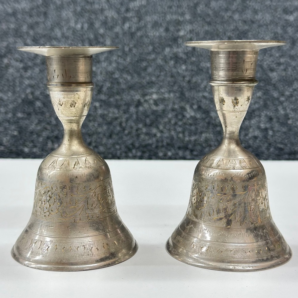 Vintage Pair Indian Brass Silver-Plated Dinner Bells Candlestick Holders 4" Tall